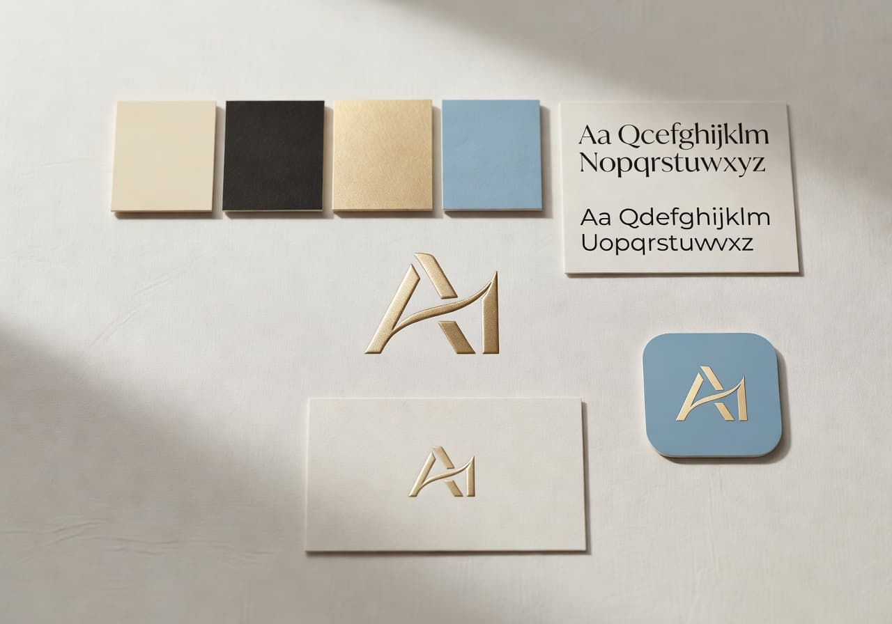 AI-generated brand identity board with logo concepts, color palette and typography samples