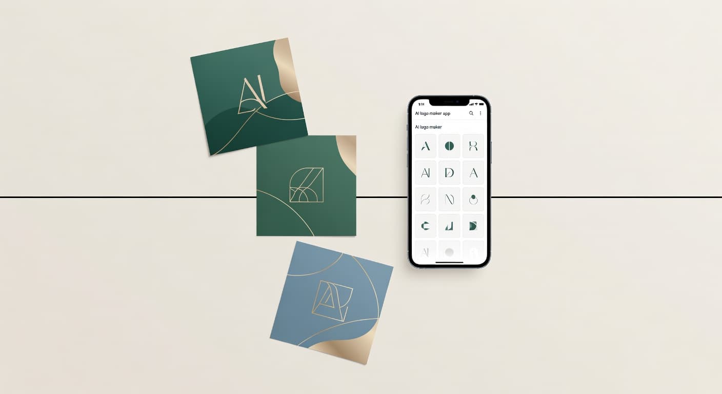 Logify AI Logo Maker app showing generated logo concepts in a brand atelier studio composition