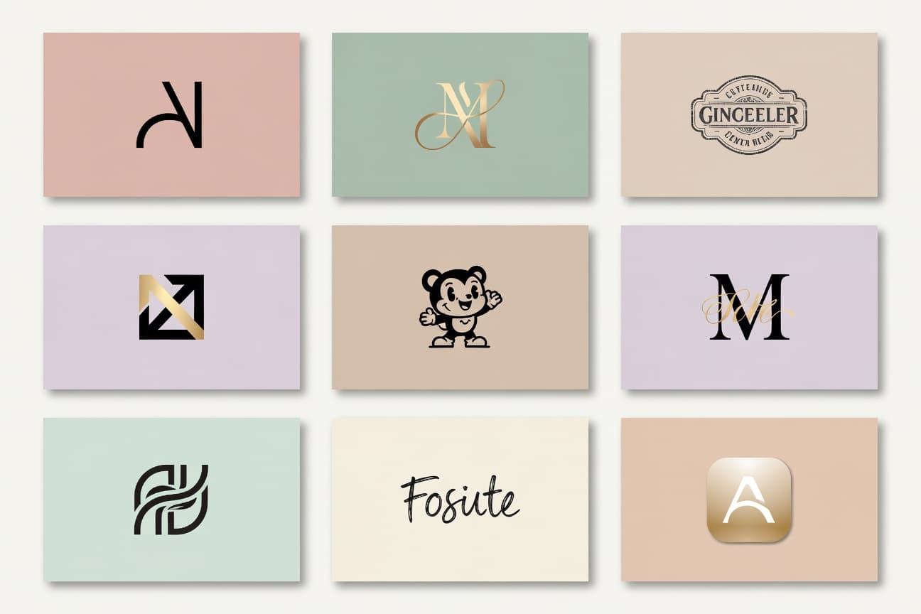 Editorial wall of AI-generated logo concepts in mixed styles