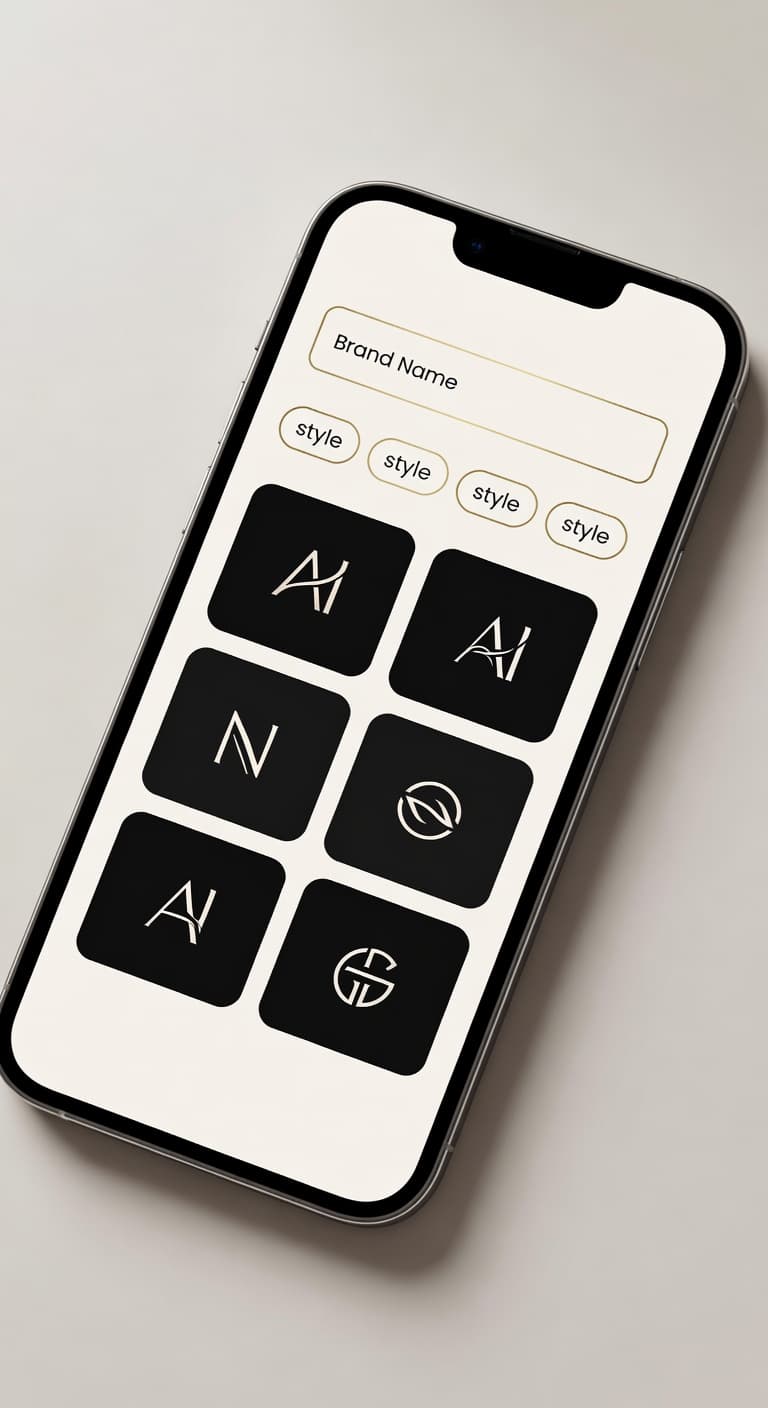 Logify AI Logo Maker app interface on iPhone showing a generated logo concept grid with brand color palette
